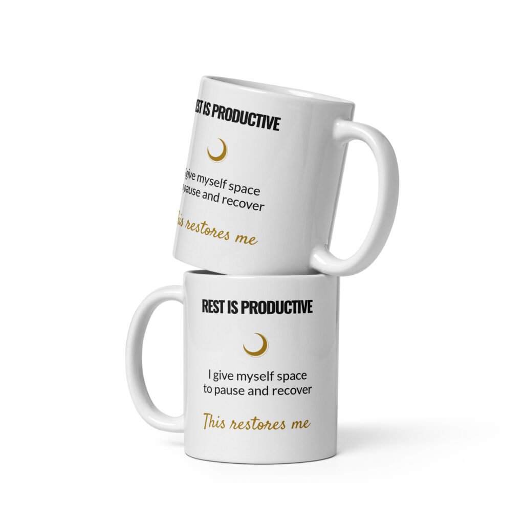 Rest Is Productive Mug, white ceramic 11 oz mug shown from the front