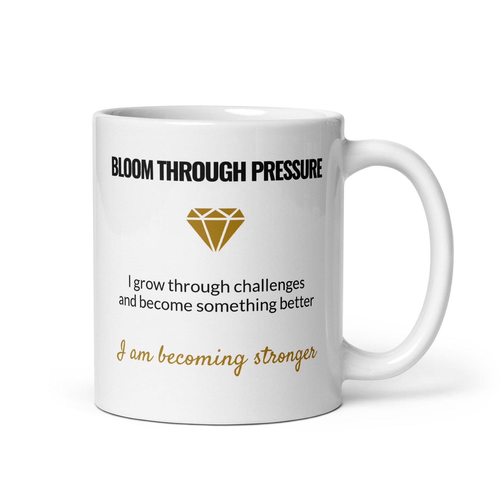 Bloom Through Pressure Mug – White Ceramic, 11 oz, Handle Right White ceramic Bloom Through Pressure affirmation mug with handle on the right