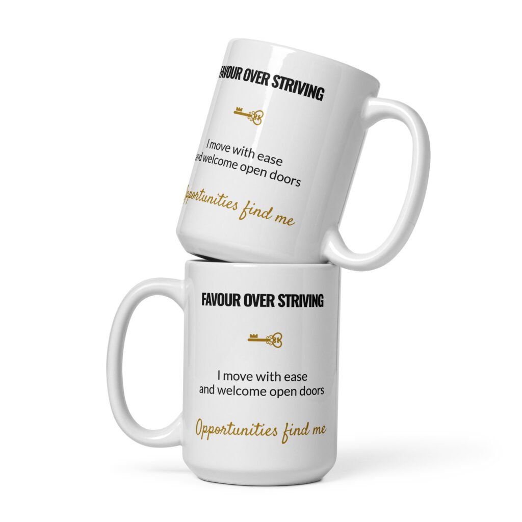 Favour Over Striving Mug, white ceramic 15 oz mug shown from the front