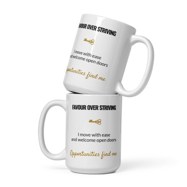 Favour Over Striving Mug, white ceramic 15 oz mug shown from the front