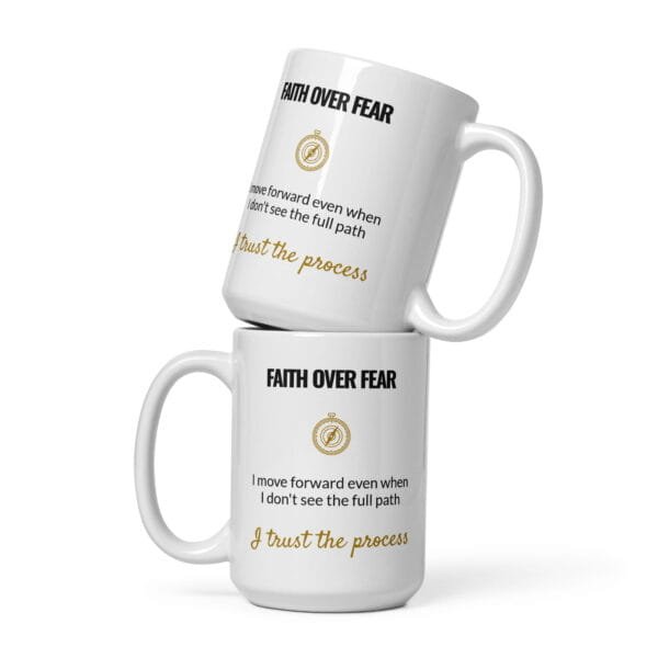 Faith Over Fear Mug, white ceramic 15 oz mug shown from the front