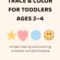 Trace & Color for Toddlers Ages 2–4 printable activity book cover featuring colorful shapes and a smiling face.