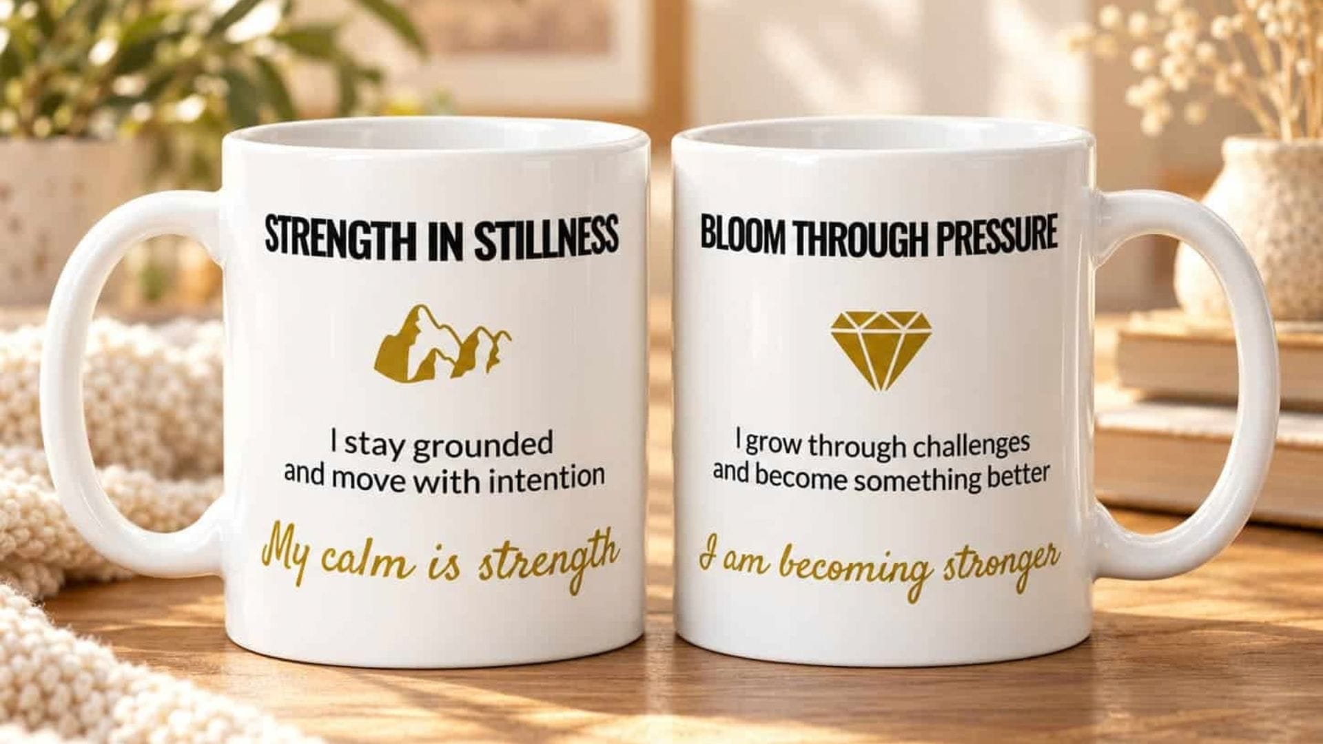 Strength in Stillness and Bloom Through Pressure mugs