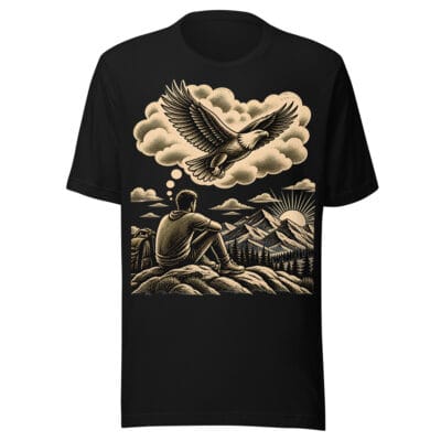 THE VISION WITHIN black unisex T-shirt with vintage eagle, seated figure and mountain landscape artwork
