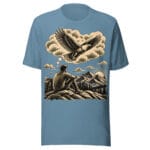 Steel blue unisex T-shirt featuring an eagle soaring above a seated person and mountain scenery