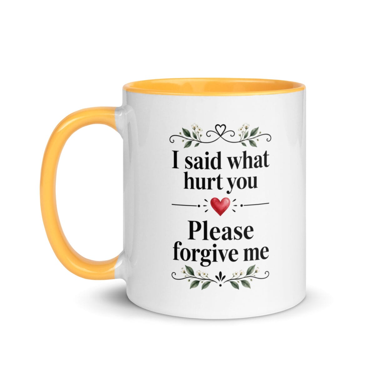Please Forgive Me mug with golden yellow handle, shown from the left side